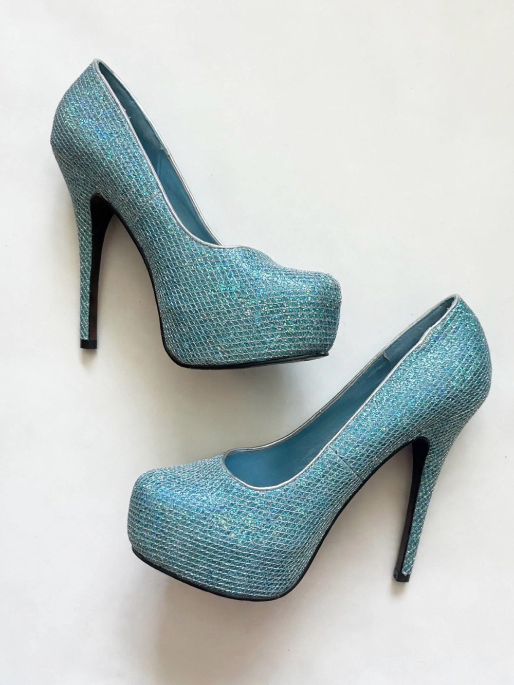 Bettie Page Teal Blue Iridescent Glitter Platform Stiletto Pumps Size 7 Prom Pag